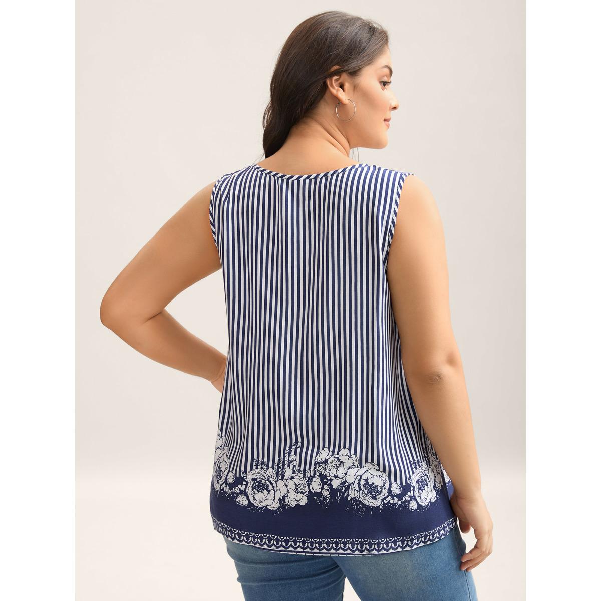 Plus Size Rayon Floral Hem Tank Top Women DarkBlue Resort Contrast V-neck Vacation Tank Tops Camis BloomChic 14-16/1X Product Image