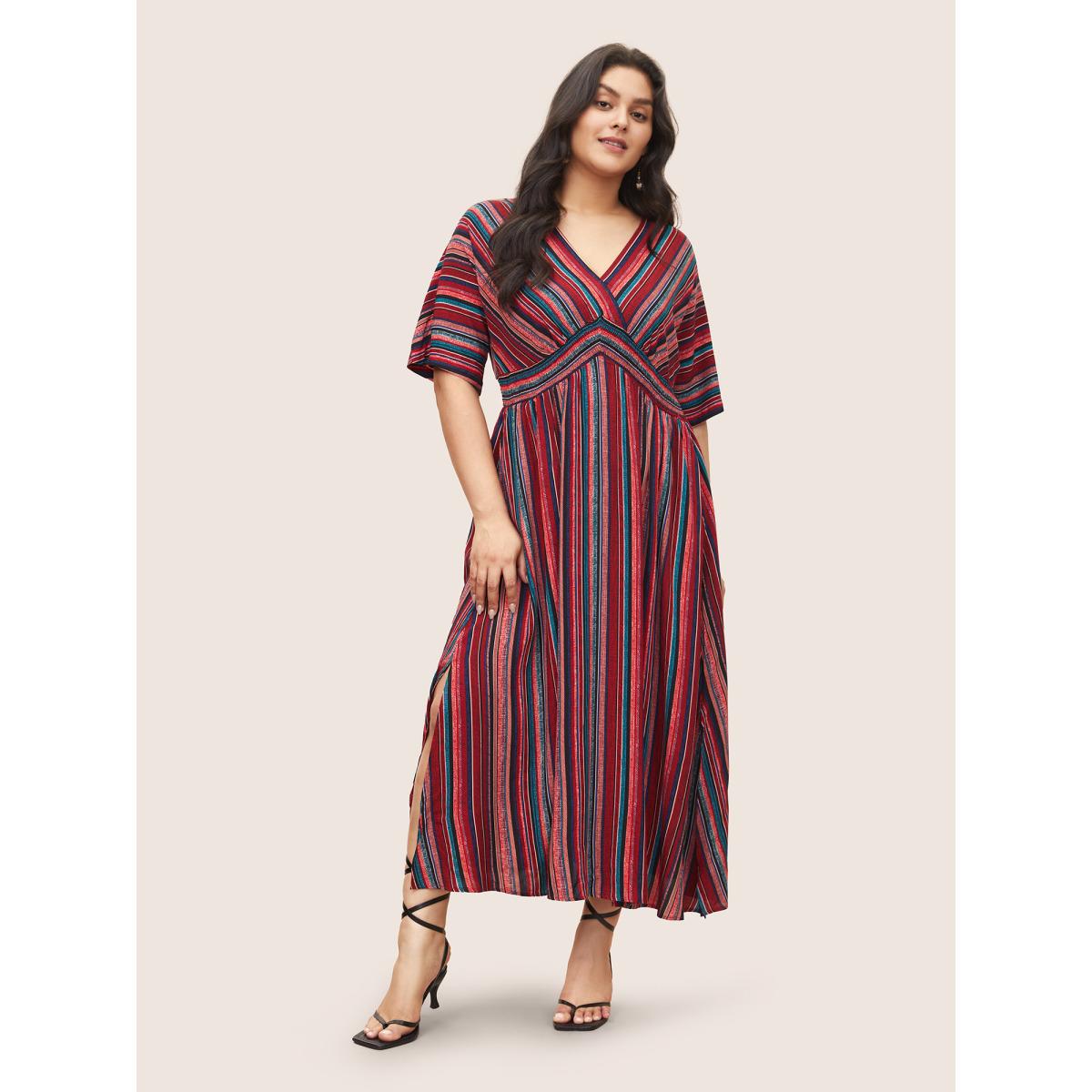 Plus Size Striped Contrast Dolman Sleeve Shirred Pocket Split Flutter Dress Red Women Boho Non V-neck Half Sleeve Curvy BloomChic 18-20/2X Product Image