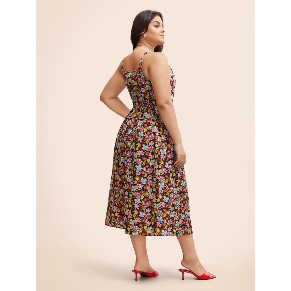 Plus Size Ditsy Floral Elastic Waist Cami Dress Multicolor Women Elegant Gathered Round Neck Sleeveless Curvy BloomChic 12/L Product Image