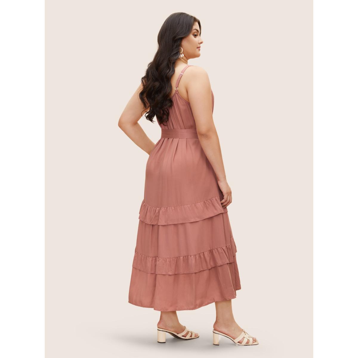 Plus Size Solid Ruffle Layered Hem Cami Dress DustyPink Women Resort Gathered Non Sleeveless Curvy BloomChic 30/6X Product Image