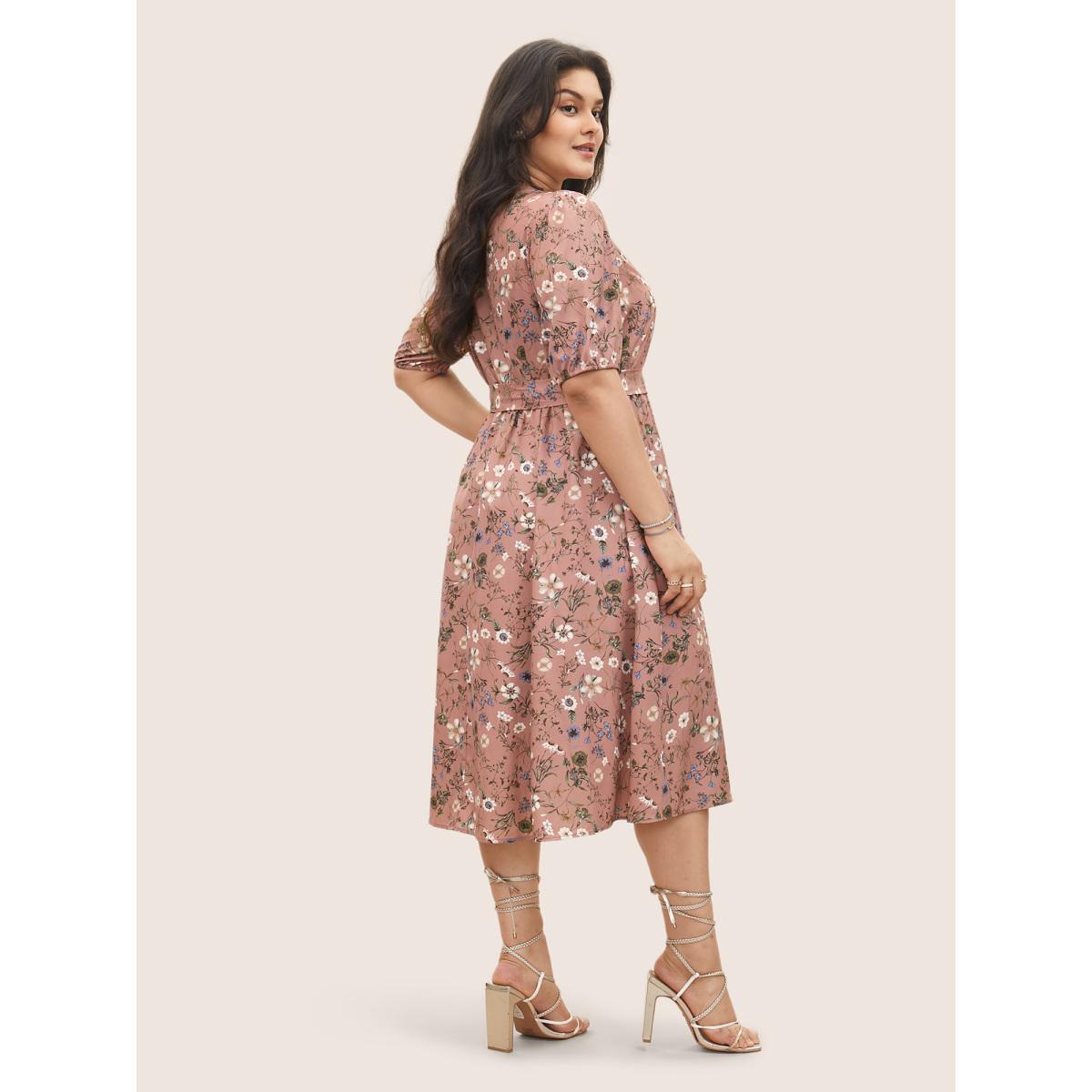 Plus Size Ditsy Floral Belted Lantern Sleeve Button Up Dress DustyPink Women Elegant Non V-neck Short sleeve Curvy Midi Dress BloomChic 22-24/3X Product Image