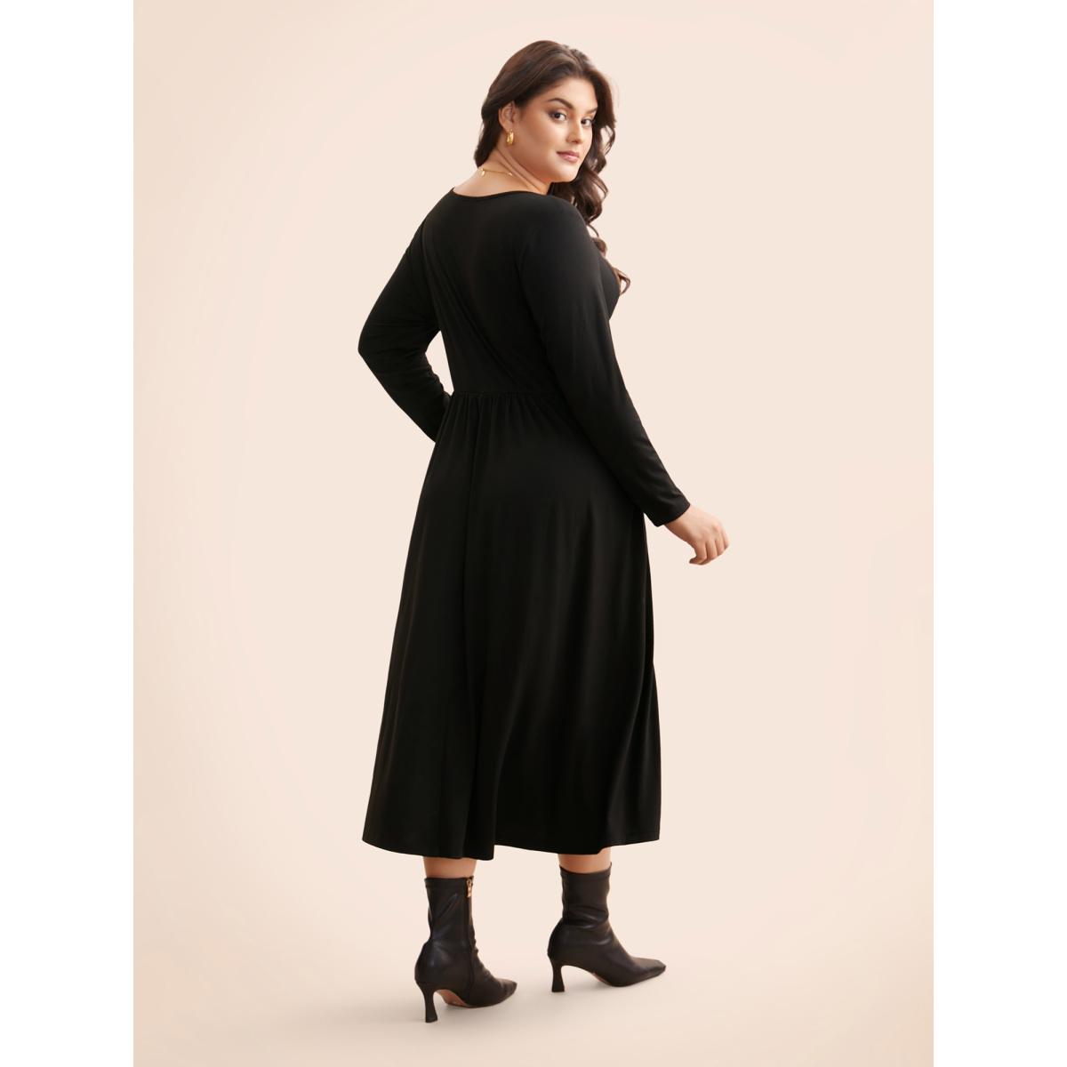 Plus Size Square Neck Textured Patchwork Crisscross Dress Yellowishbrown Women Elegant Wraparound straps Square Neck Long Sleeve Curvy BloomChic 10/M Product Image