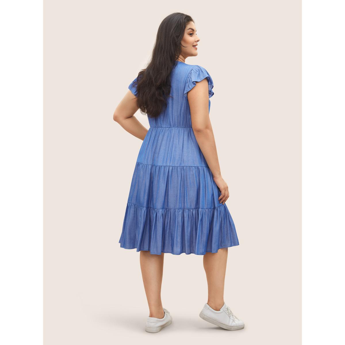 Plus Size Plain Button Detail Layered Hem Ruffle Cap Sleeve Dress Blue Women Casual Non V-neck Cap Sleeve Curvy Midi Dress BloomChic 28/5X Product Image