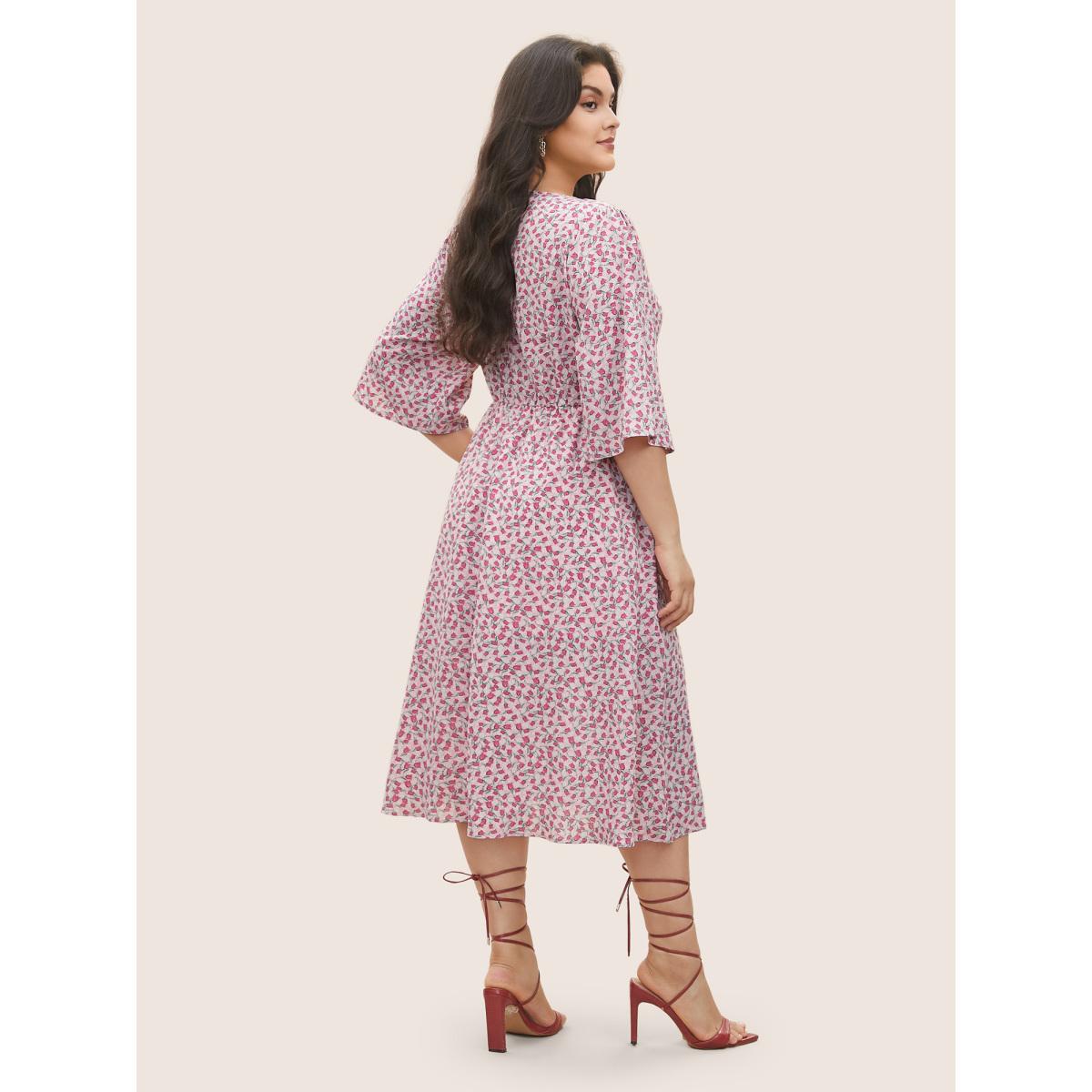 Plus Size Ditsy Floral Tie Neck Elastic Waist Dress Pink Women Elegant Non V-neck Half Sleeve Curvy Midi Dress BloomChic 28/5X Product Image