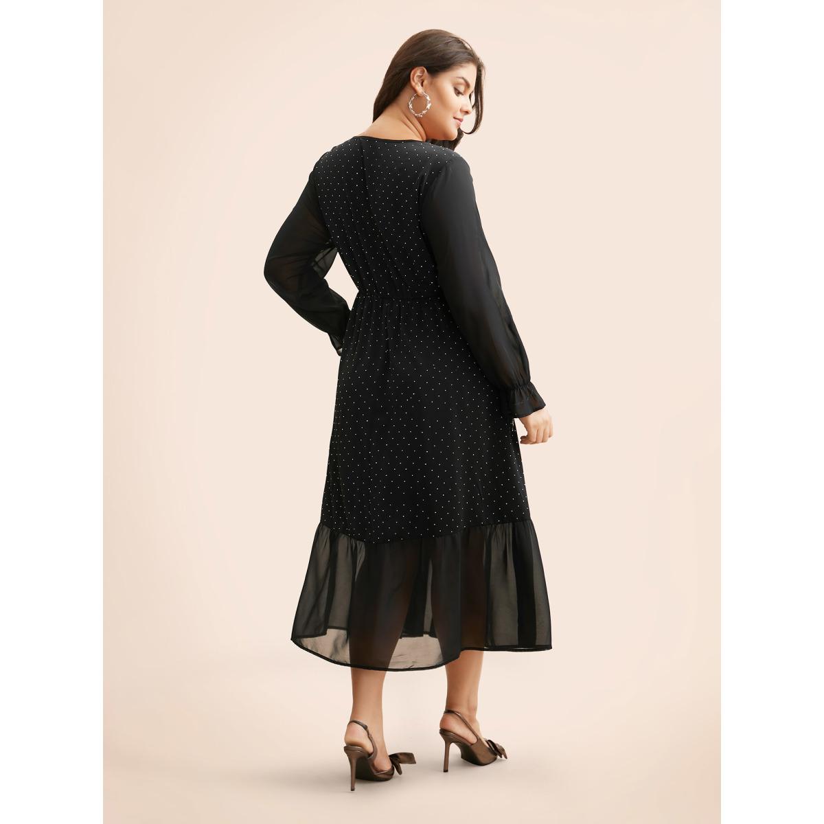 Plus Size V Neck Rhinestone Patchwork Ruffles Dress Pureblack Women Cocktail Rhinestone detailing Party Curvy Bloomchic 12/L Product Image