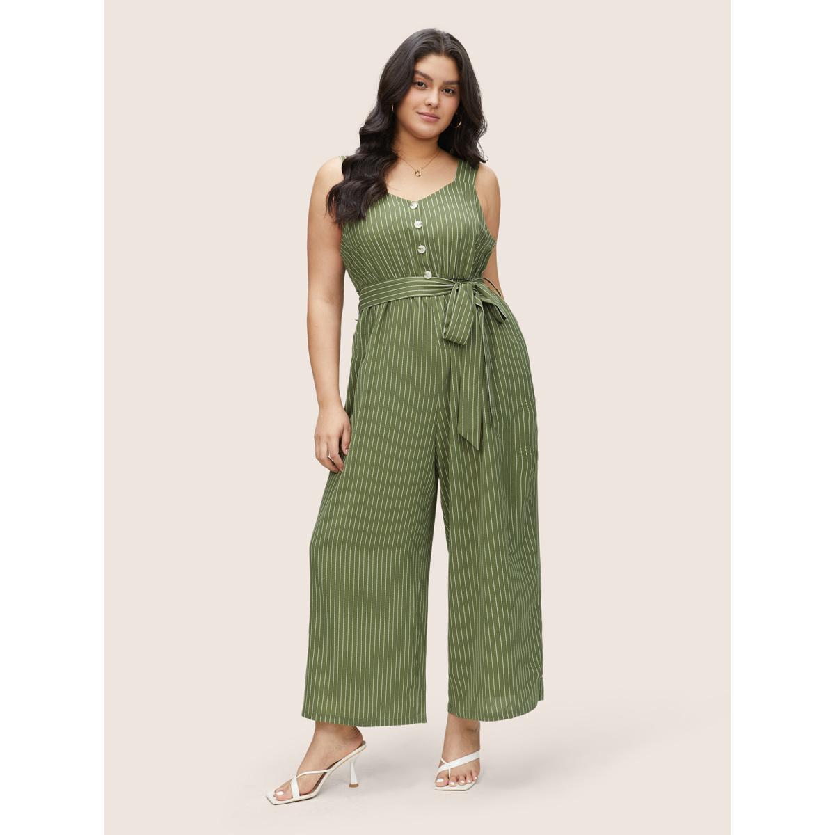 Plus Size Moss Striped Belted Elastic Waist Adjustable Straps Jumpsuit Women Casual Sleeveless Non Everyday Loose Jumpsuits BloomChic 28/5X Product Image