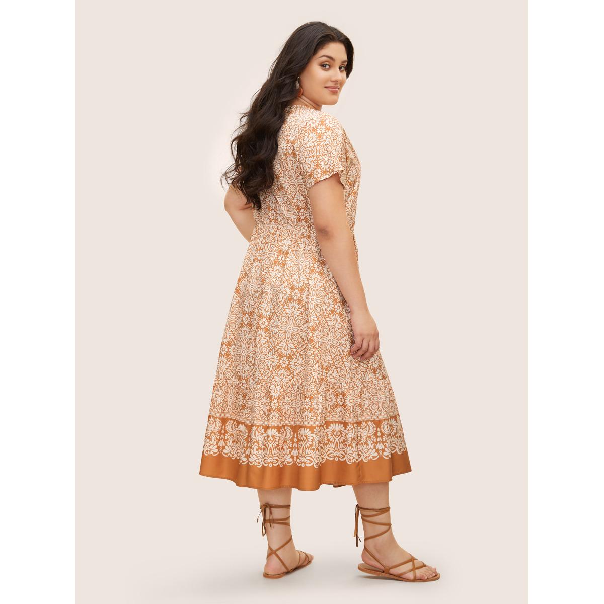 Plus Size V Neck Bandana Dolman Sleeve Midi Dress Brightorange Women Resort Gathered V-neck Short sleeve Curvy BloomChic 18-20/2X Product Image