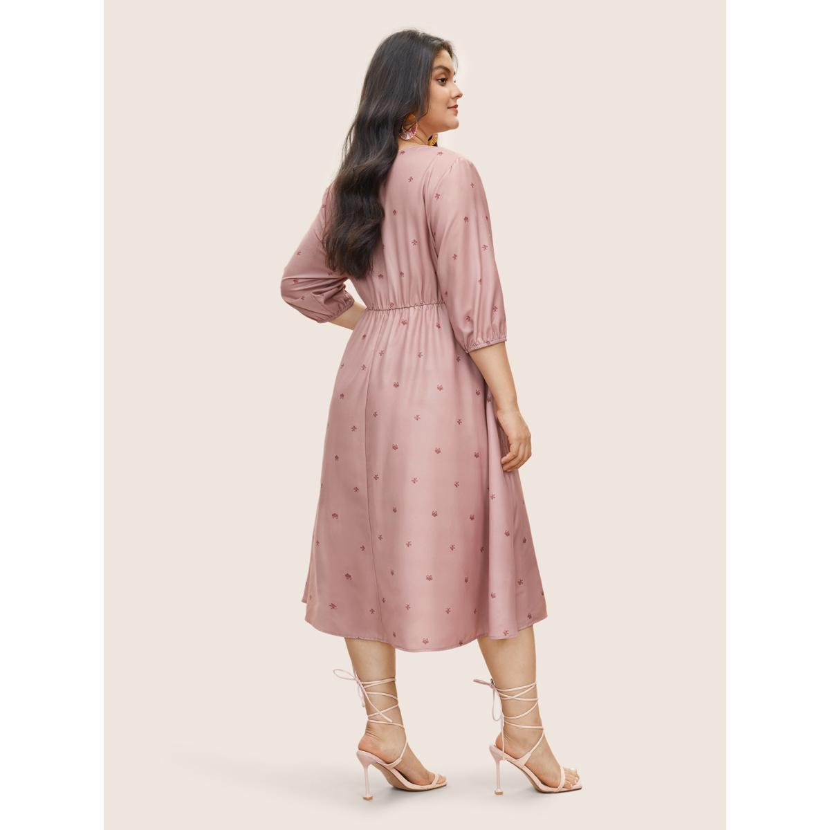 Plus Size Floral Embroidered Button Up Lantern Sleeve Dress DustyPink Women Resort Non V-neck Elbow-length sleeve Curvy Midi Dress BloomChic 26/4X Product Image