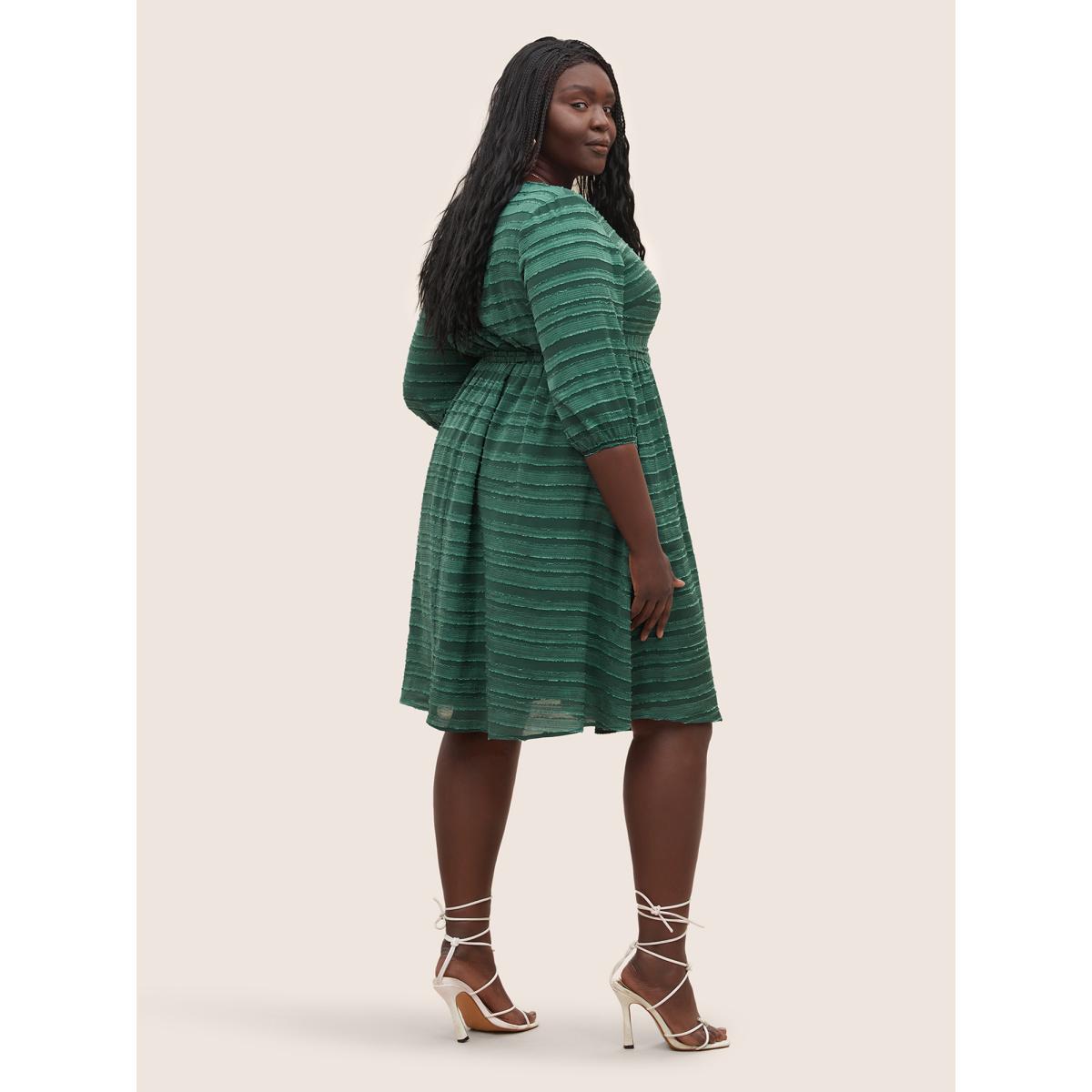 Plus Size Striped Plisse Ties Pocket Lantern Sleeve Dress DarkGreen Women Cocktail Non V-neck Elbow-length sleeve Curvy Knee Dress BloomChic 18-20/2X Product Image