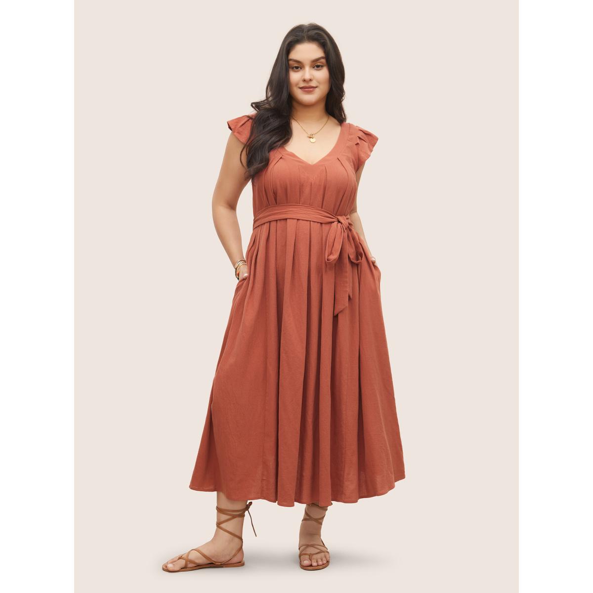 Plus Size Solid Flounce Sleeve Plicated Detail A Line Dress Rust Women Resort Non V-neck Cap Sleeve Curvy BloomChic 26/4X Product Image