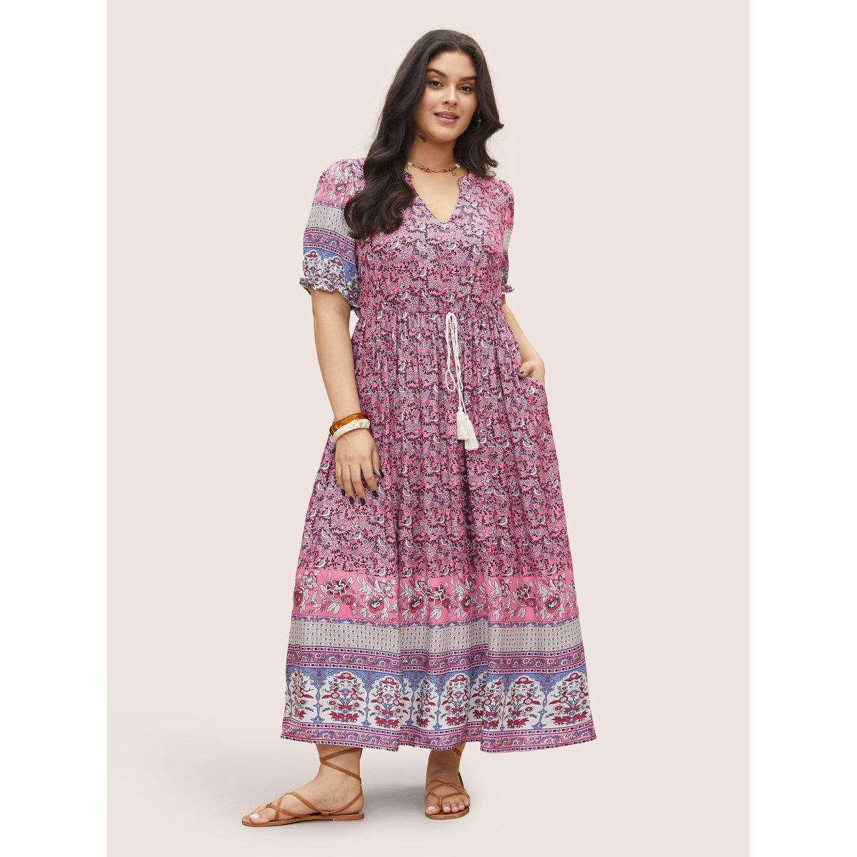 Plus Size Boho Print Notched Ties Tassel Trim Dress Pink Women Resort Non Flat collar with V-notch Short sleeve Curvy BloomChic 18-20/2X Product Image