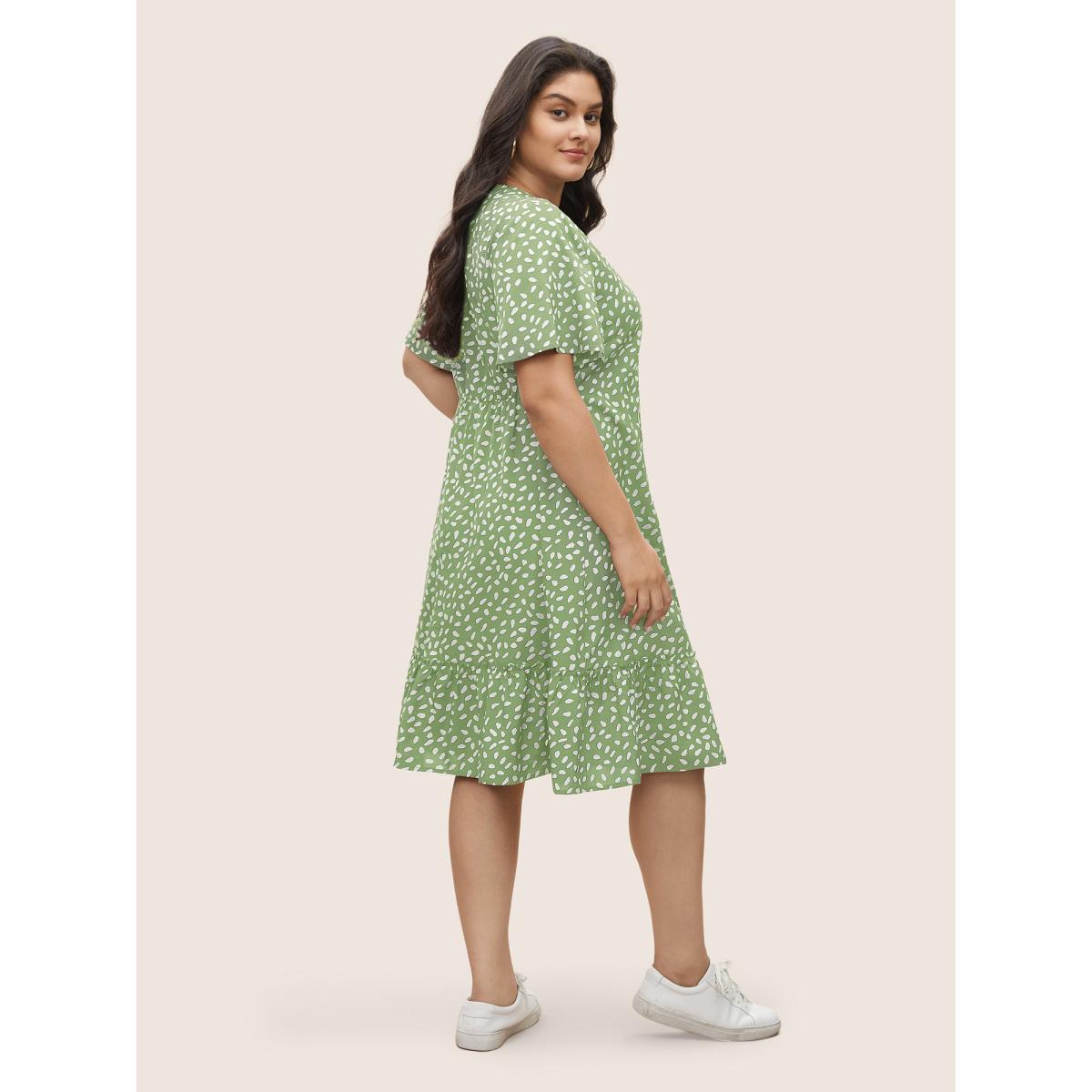 Plus Size Polka Dot Button Detail Flutter Layered Hem Dress Mint Women Casual Non V-neck Short sleeve Curvy Midi Dress BloomChic 14-16/1X Product Image