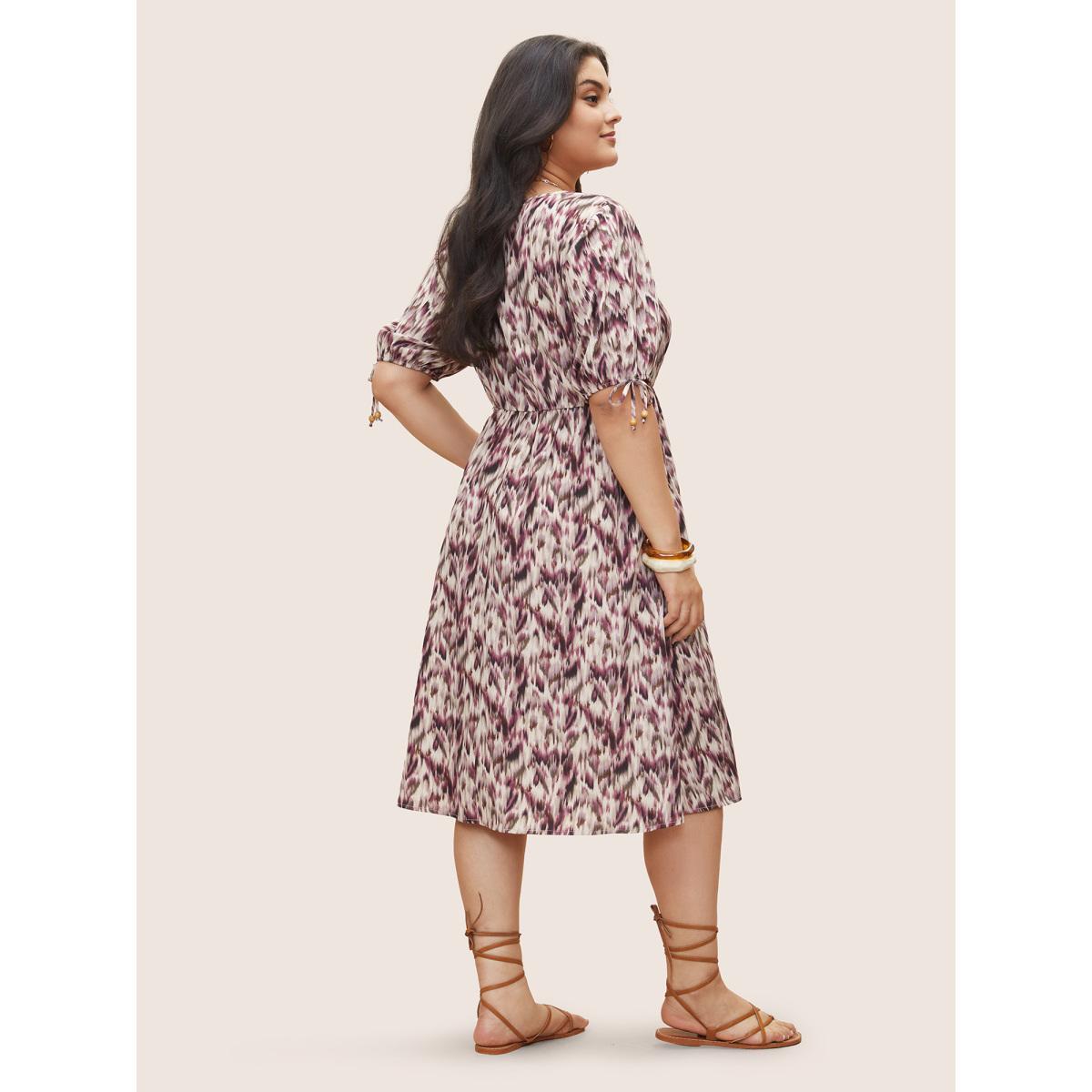 Plus Size Ombre Brush Print Ties Elastic Waist Dress RedViolet Women Elegant Non V-neck Half Sleeve Curvy Midi Dress BloomChic 10/M Product Image