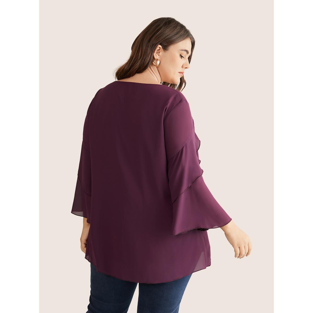 Plus Size Purple Anti-Wrinkle Tiered Flounce Sleeve Chiffon Blouse Women Elegant Elbow-length sleeve V-neck Everyday Blouses BloomChic 10/M Product Image