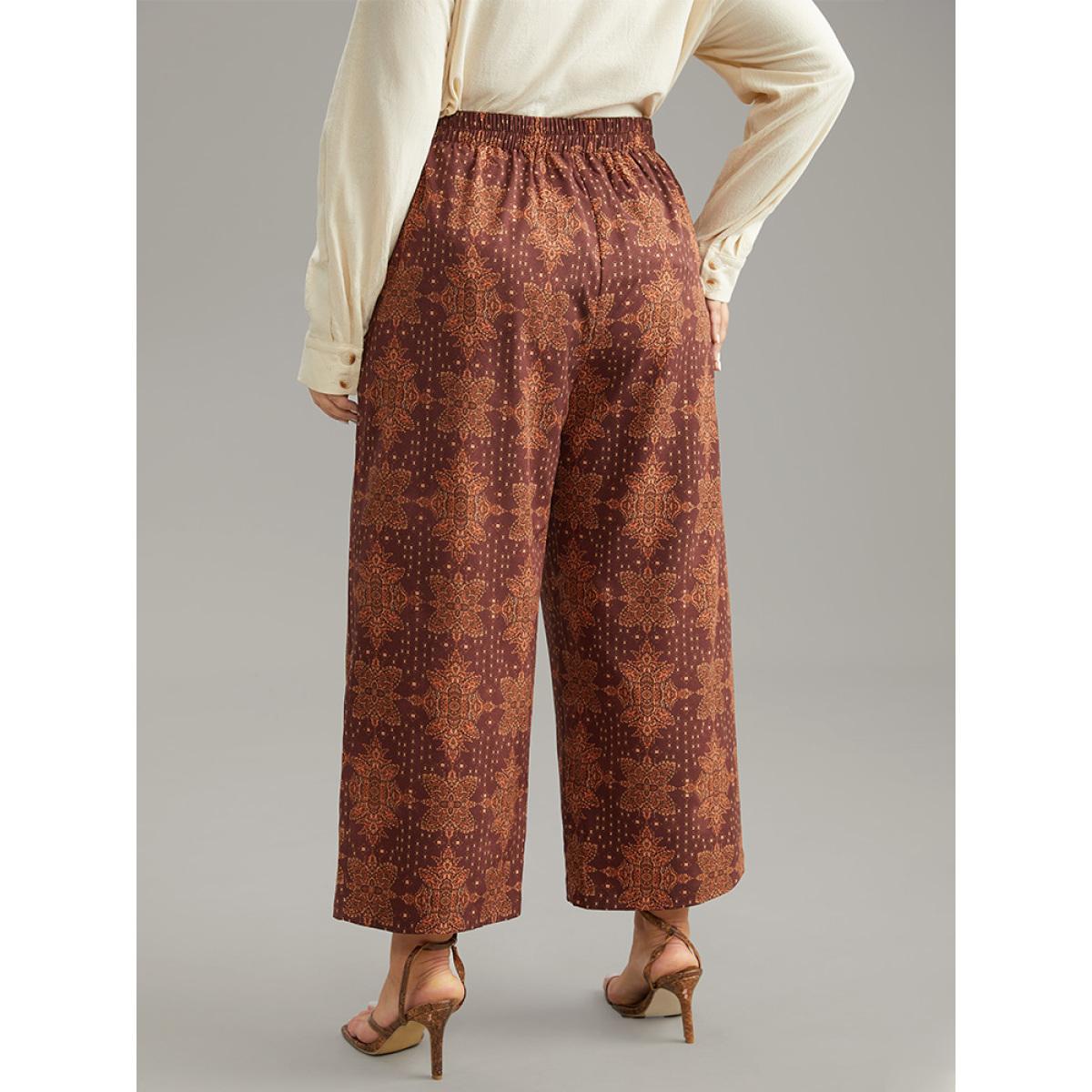 Plus Size Bandana Elastic Waist Wide Leg Ties Pants Women Maroon Vacation Wide Leg High Rise Dailywear Pants BloomChic 26/4X Product Image