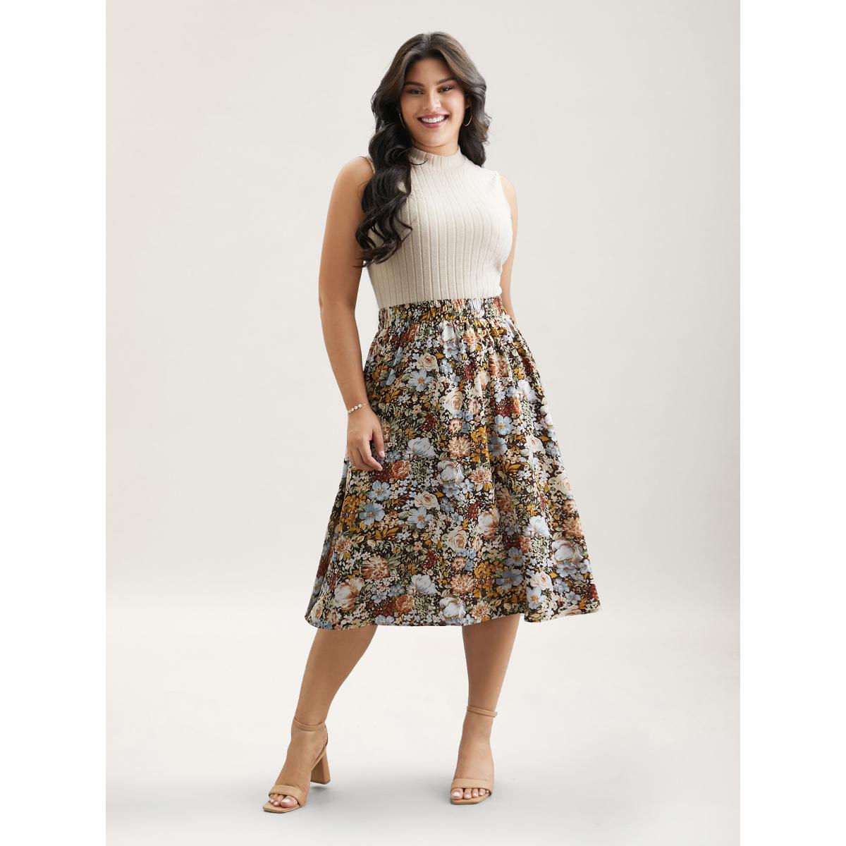 Plus Size Floral Print Stretchy-Waist Midi Skirt Women Multicolor Elegant Contrast No stretch Side seam pocket Everyday Skirts BloomChic 10/M Product Image