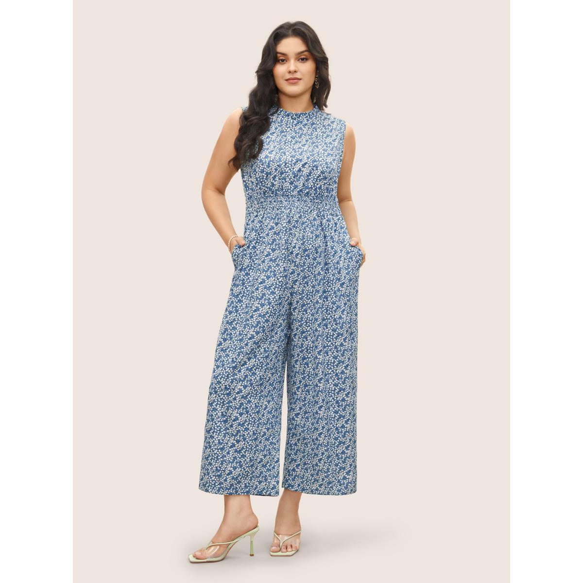 Plus Size Skyblue Ditsy Floral Mock Neck Shirred Jumpsuit Women Timeless Sleeveless Mock Neck Elegant Loose Jumpsuits BloomChic 28/5X Product Image