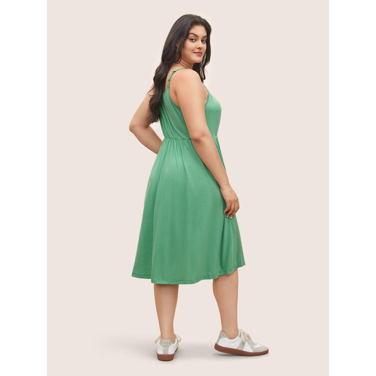 Plus Size Solid Ruched Button Detail Adjustable Straps Dress Mint Women Casual Non V-neck Sleeveless Curvy Midi Dress BloomChic 26/4X Product Image