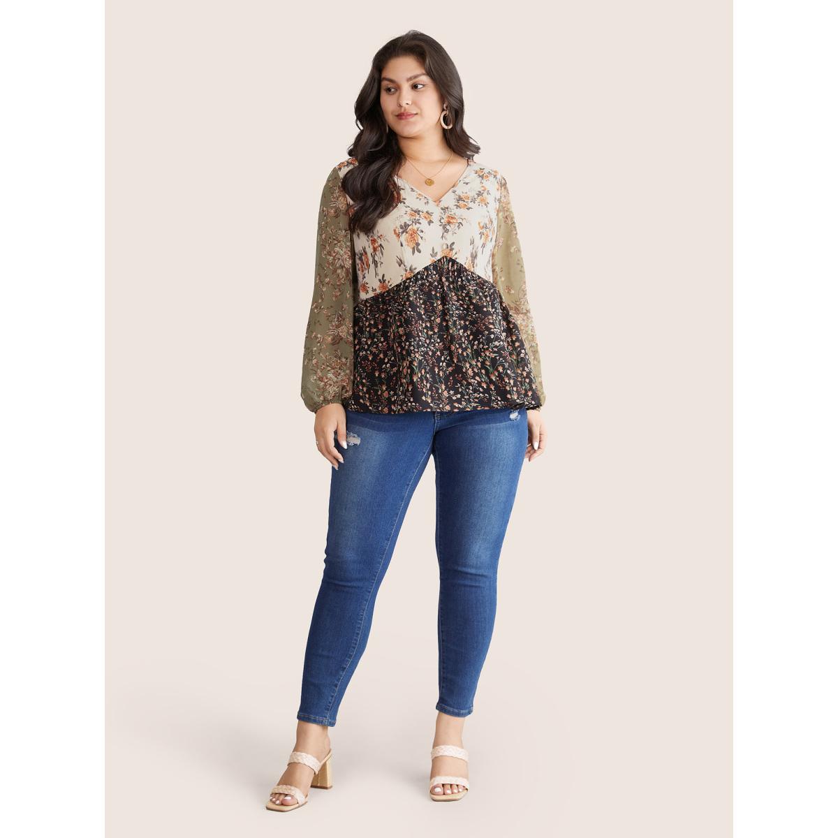 Plus Size Beige Chiffon Contrast Ditsy Floral Patchwork Blouse Women Vacation Long Sleeve V-neck Vacation Blouses BloomChic 14-16/1X Product Image