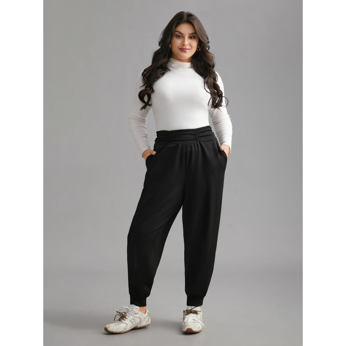 Plus Size Supersoft Essentials Elastic Waist Pockets Jogger Pants Women Black Casual Mid Rise Everyday Pants BloomChic 10/M Product Image