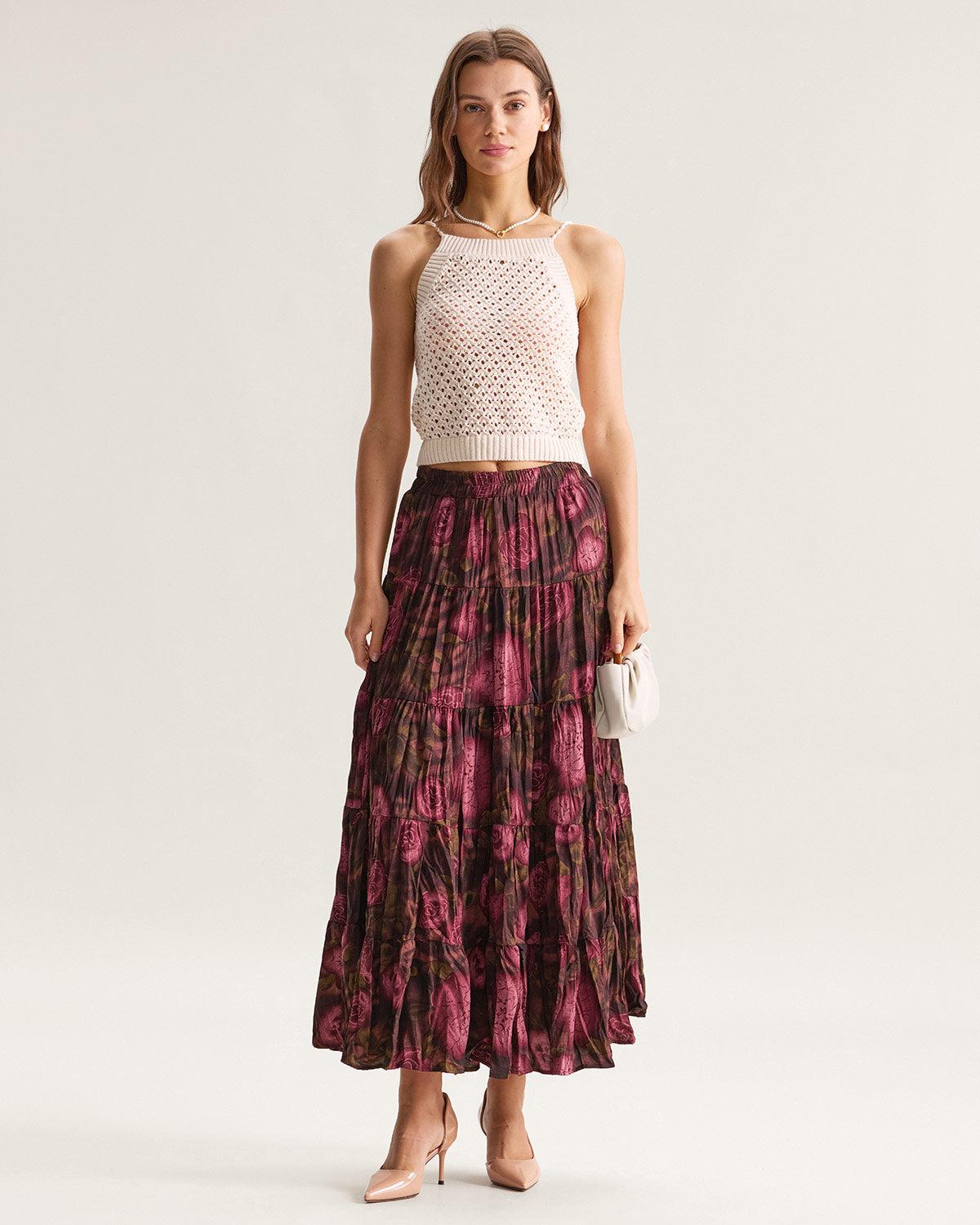 Floral Elastic Waist Pleated Midi Skirt Product Image