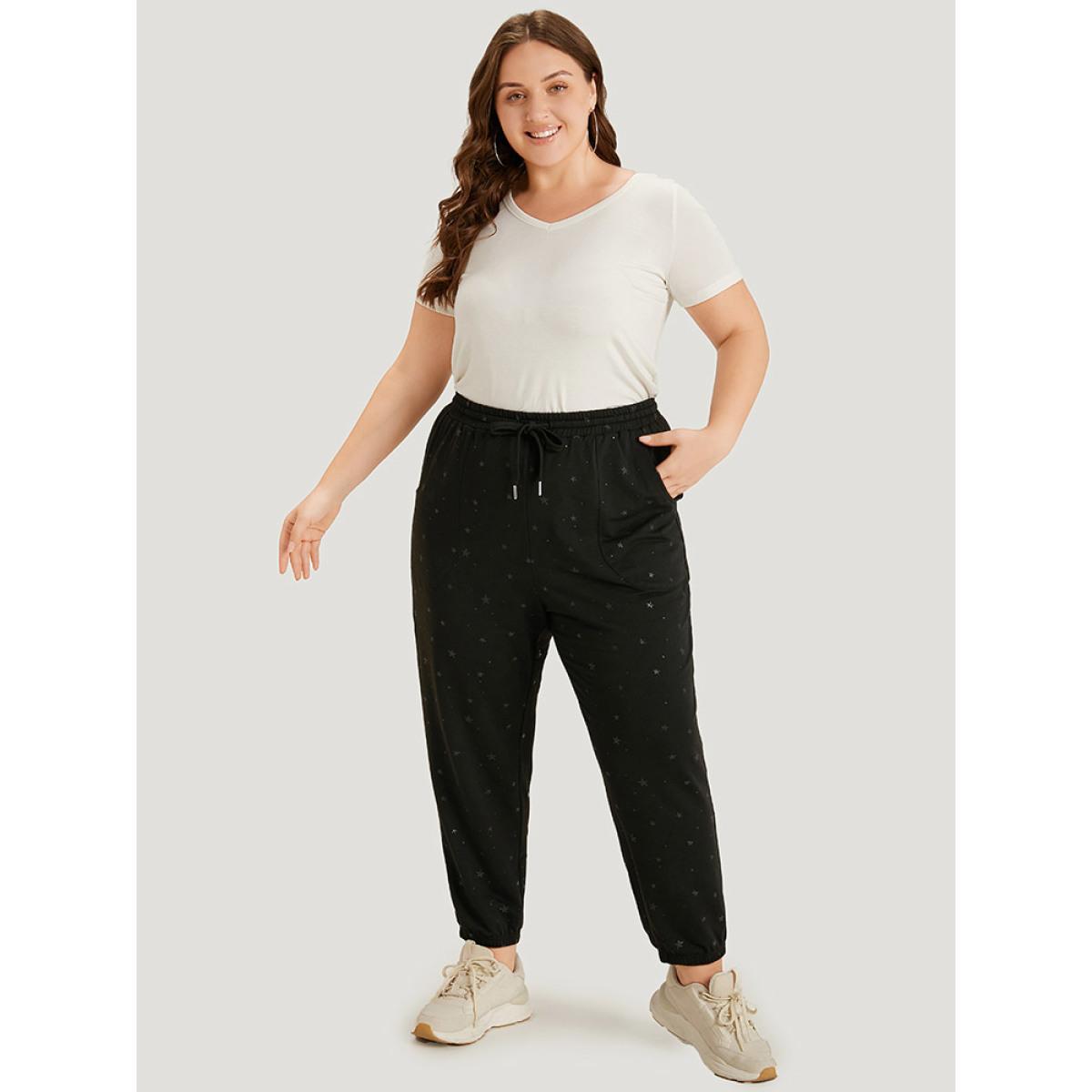 Star Drawstring Slant Pocket Elastic Waist Sweatpants Black Plus Size Women Casual Dailywear Elastic Waist 22-24/3X Bloomchic Product Image