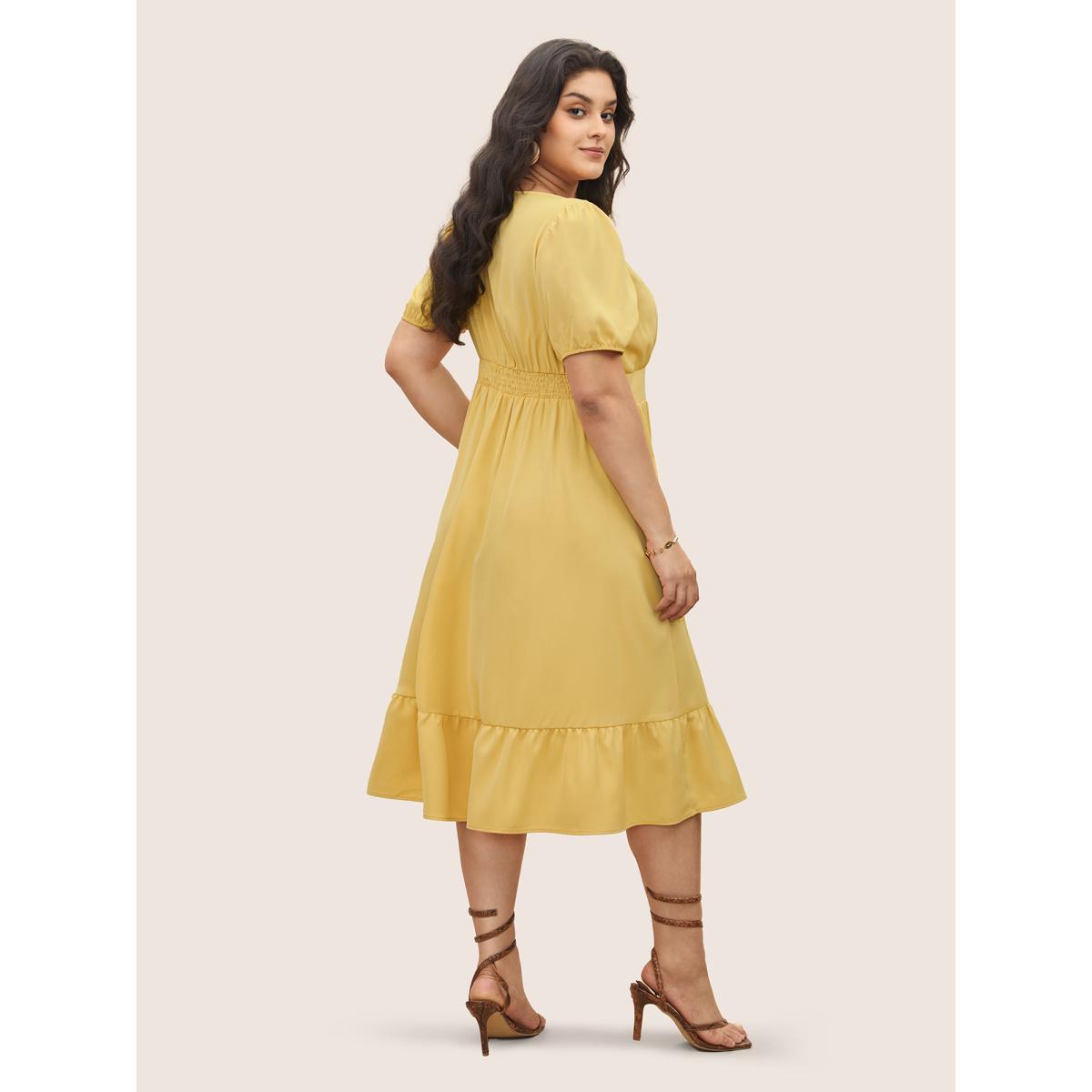Plus Size Square Neck Gathered Lantern Sleeve Dress Yellow Women Elegant Non Square Neck Short sleeve Curvy Midi Dress BloomChic 14-16/1X Product Image