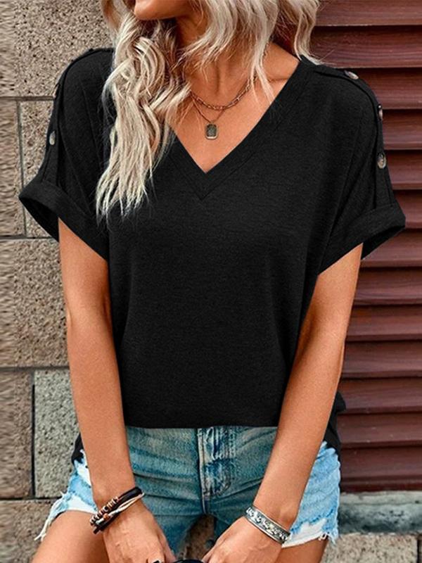 Loose Short Sleeves Buttoned Solid Color V-Neck T-Shirts Tops Product Image