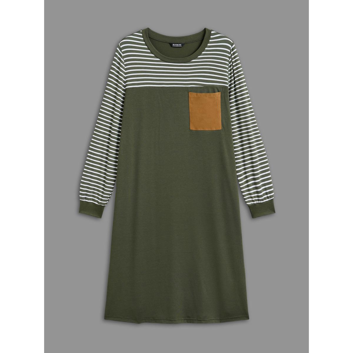 Plus Size Solid and Striped Flared Midi Dress ArmyGreen Women Casual Patchwork Knit Dresses Bloomchic 10/M Product Image