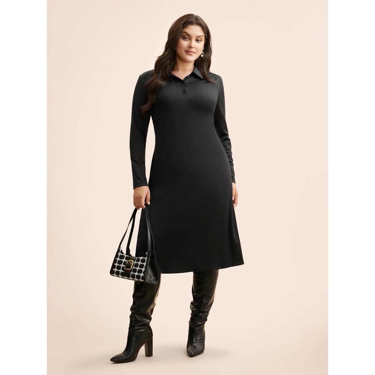 Plus Size Shirt Collar Button Up Midi Dress Black Women Elegant Button Shirt collar Long Sleeve Curvy BloomChic 14-16/1X Product Image