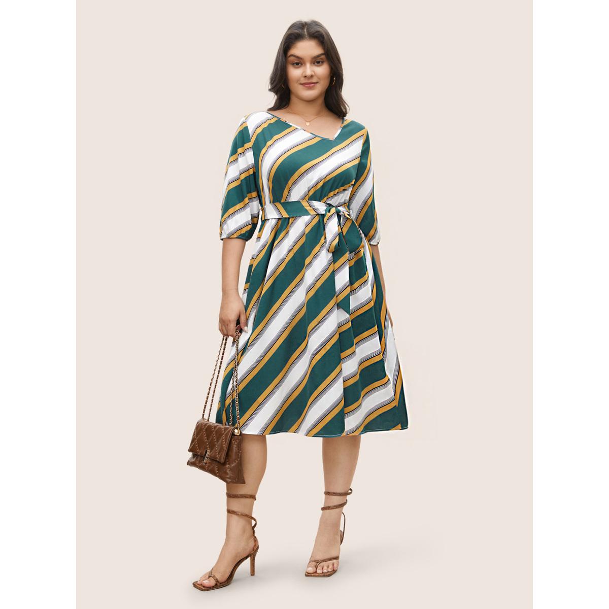 Plus Size Striped Contrast Asymmetrical Neck Belted Dress Cyan Women At the Office Non Asymmetrical Neck Elbow-length sleeve Curvy Midi Dress BloomChic 10/M Product Image