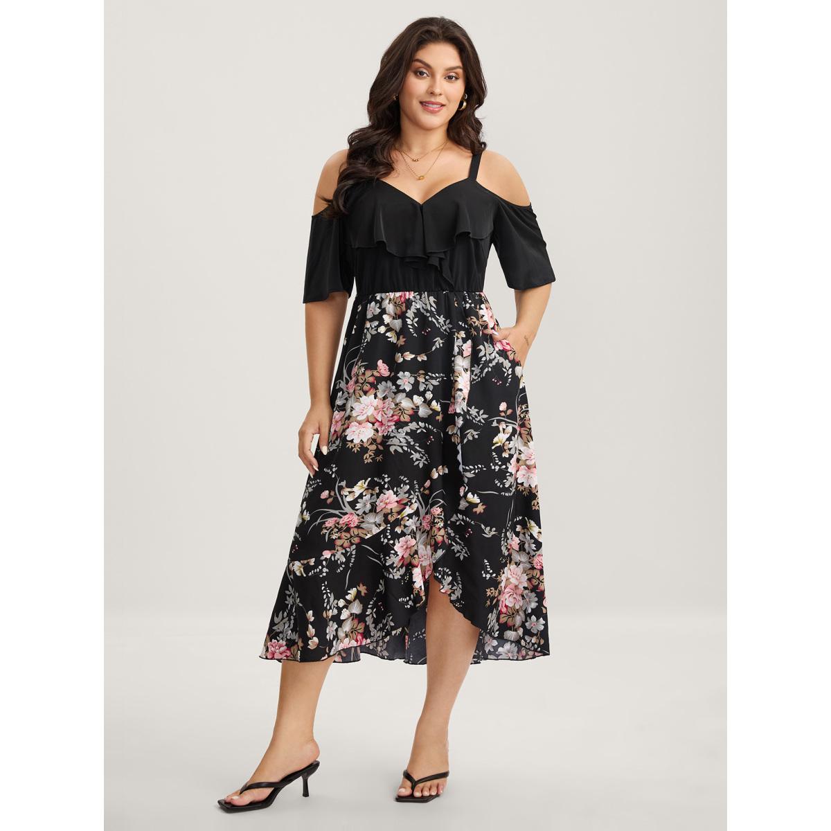 Plus Size Floral Print Overlap Hem Ruffled Midi Dress Black Women Romantic One-shoulder neck Short sleeve Curvy BloomChic 26/4X Product Image