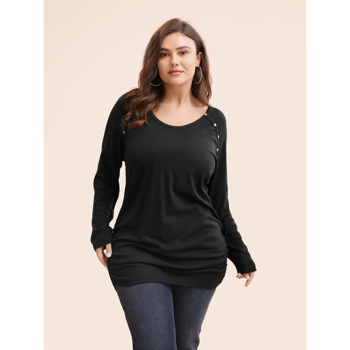 Plus Size Plain Gathered Button Detail T-shirt Indigo Women Casual Gathered Plain Round Neck Dailywear T-shirts BloomChic 10/M Product Image