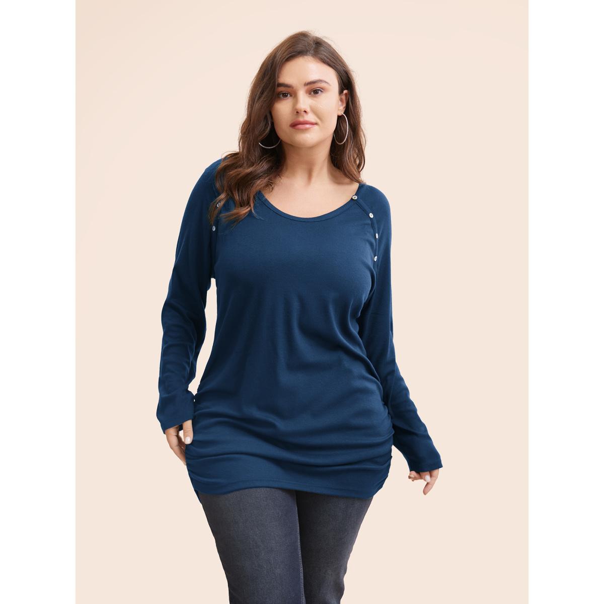Plus Size Plain Gathered Button Detail T-shirt DarkGreen Women Casual Gathered Plain Round Neck Dailywear T-shirts BloomChic 14-16/1X Product Image