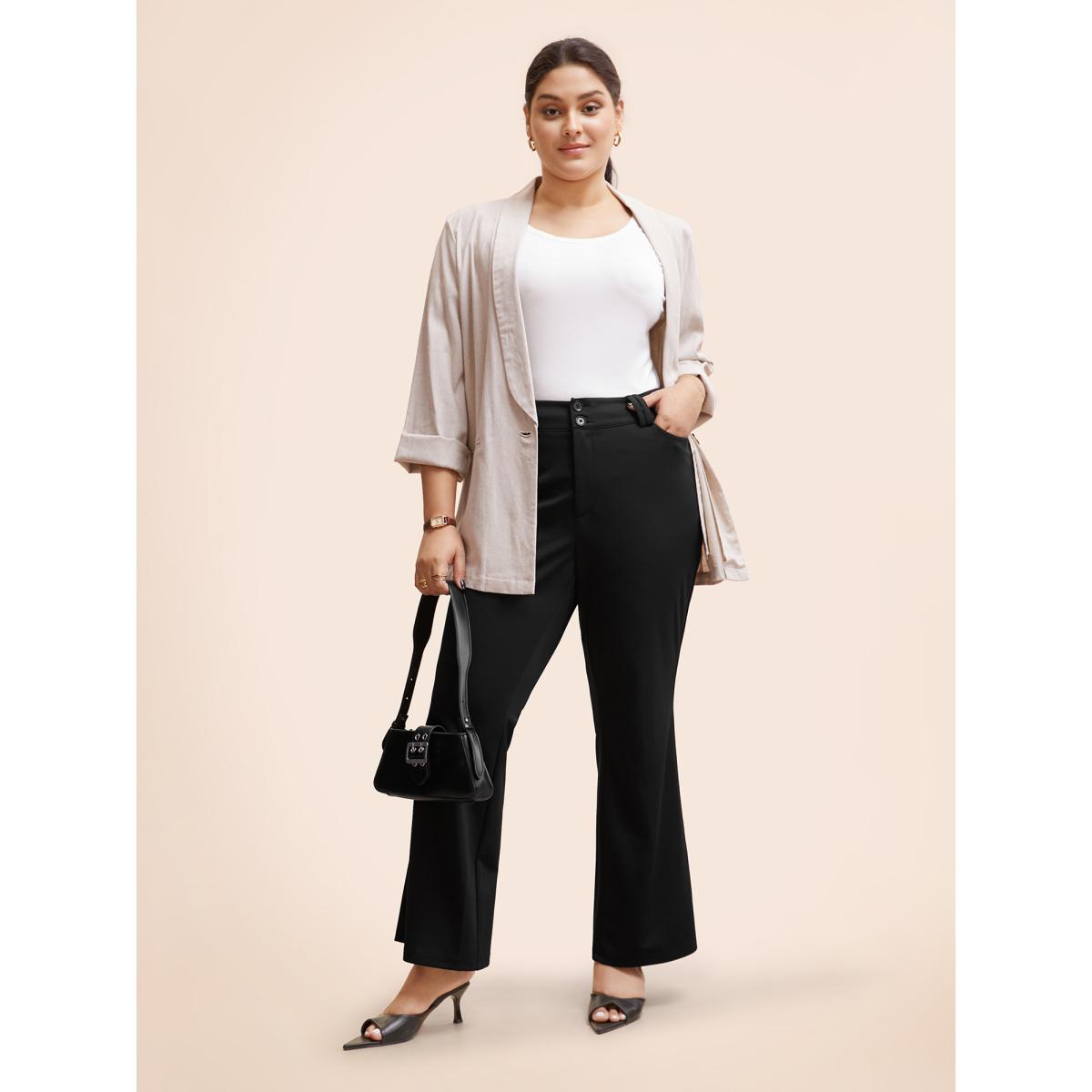 Plus Size Stretch Woven Double Button Drape Pants Women Black Workwear Essentials Bootcut Mid Rise Work Pants BloomChic 12/L Product Image
