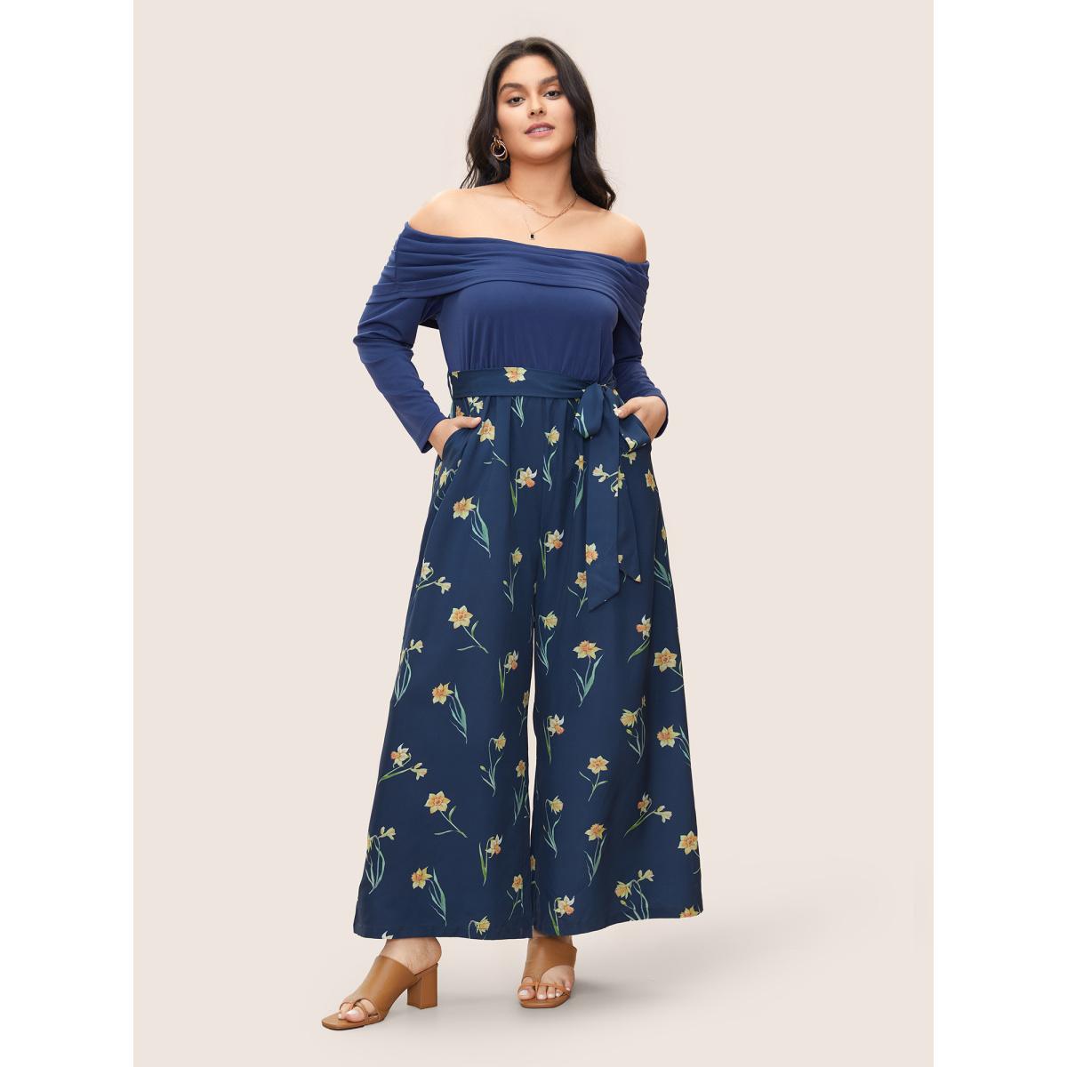 Plus Size Indigo Off Shoulder Floral Patchwork Ruched Belted Jumpsuit Women Elegant Long Sleeve One-shoulder neck Everyday Loose Jumpsuits BloomChic 12/L Product Image