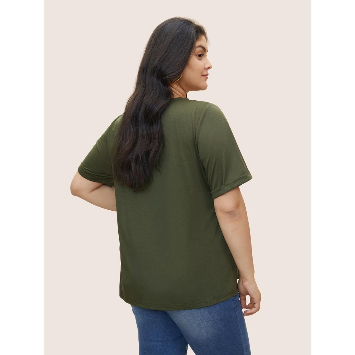 Plus Size Cactus Print Crew Neck T-shirt ArmyGreen Women Casual Non Natural Flowers Everyday T-shirts BloomChic 10/M Product Image