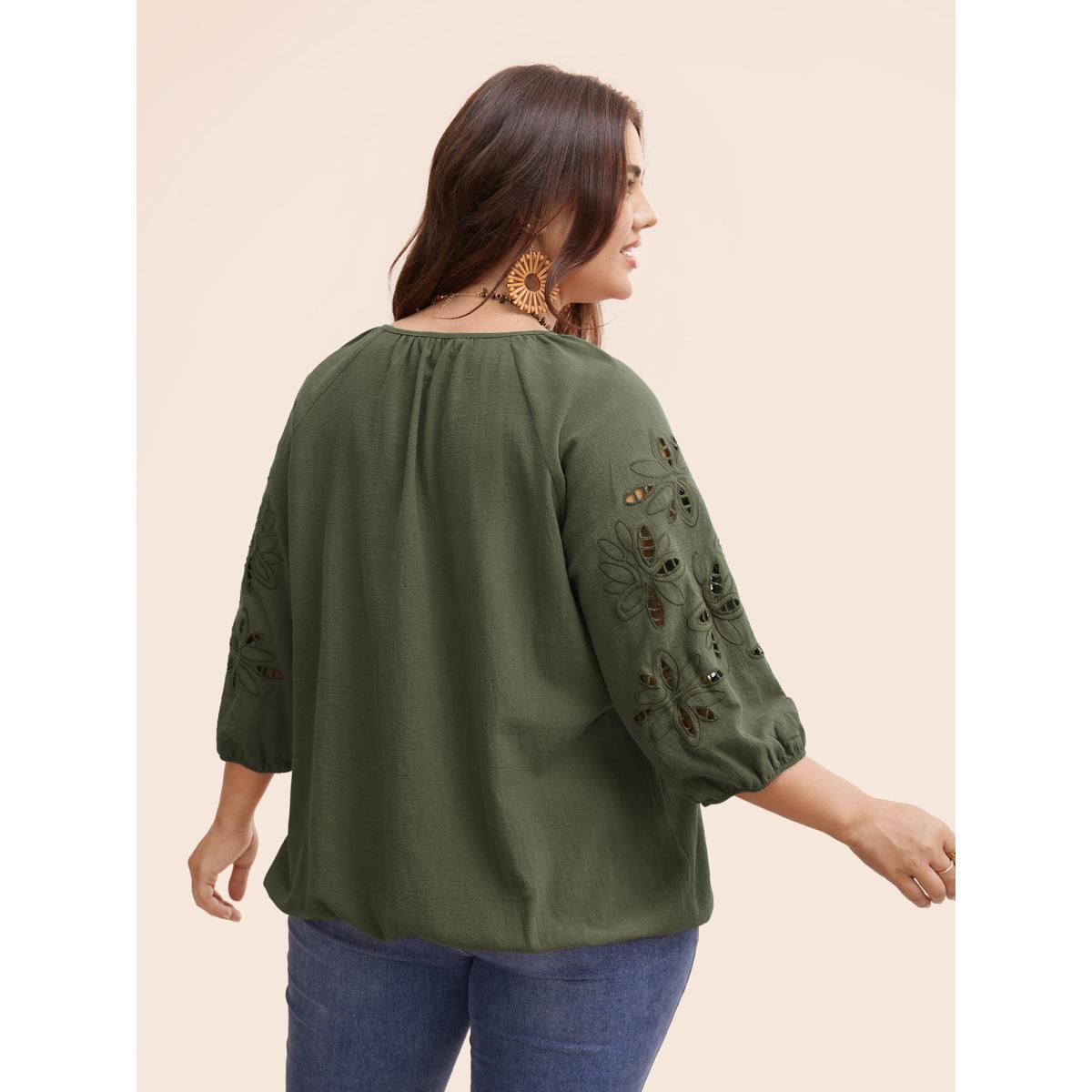 Plus Size Rust Broderie Anglaise Gathered Tie Knot Blouse Women Resort Elbow-length sleeve Round Neck Vacation Blouses BloomChic 26/4X Product Image