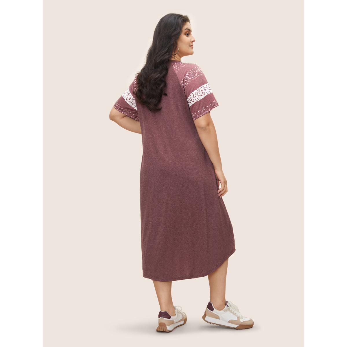 Plus Size Ditsy Floral Patchwork Raglan Sleeve Pocket Dress Russet Women Casual Non V-neck Short sleeve Curvy Midi Dress BloomChic 28/5X Product Image