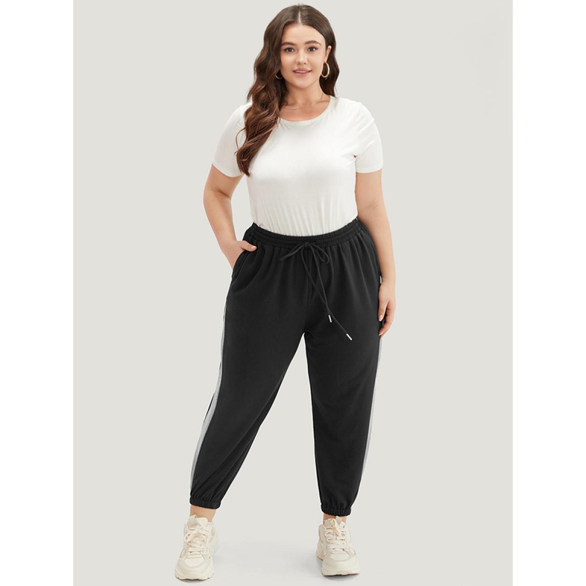 Patchwork Contrast Drawstring Sweatpant Black Plus Size Women Casual Dailywear Contrast 22-24/3X Bloomchic Product Image