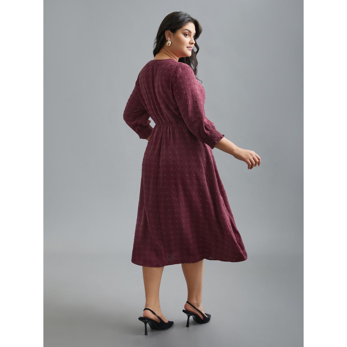 Plus Size Notched Collar Textured Smocked Cuffs Dress Plum Women At the Office Tucked seam Notched collar Elbow-length sleeve Curvy BloomChic 26/4X Product Image