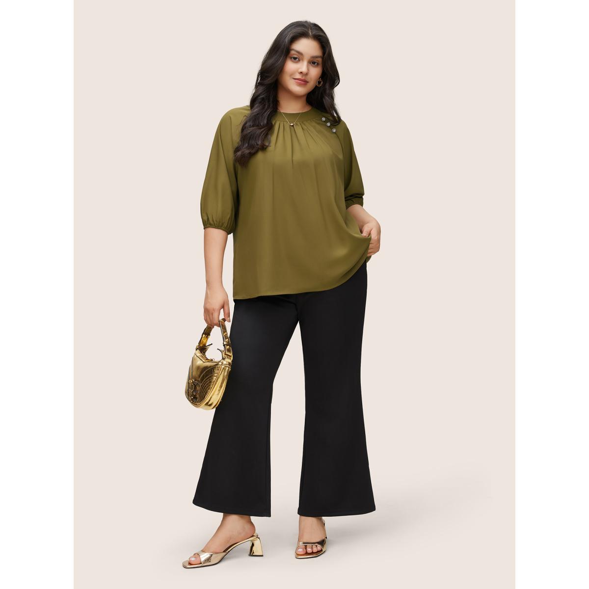Plus Size ArmyGreen Static-Free Plain Gathered Button Detail Blouse Women At the Office Elbow-length sleeve Round Neck Work Blouses BloomChic 28/5X Product Image