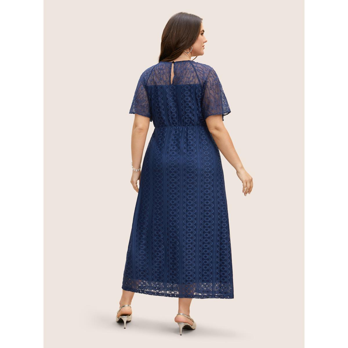 Plus Size Crochet Lace Mesh Raglan Sleeve Maxi Dress DarkBlue Women Formal Woven ribbon&lace trim Round Neck Short sleeve Curvy BloomChic 10/M Product Image