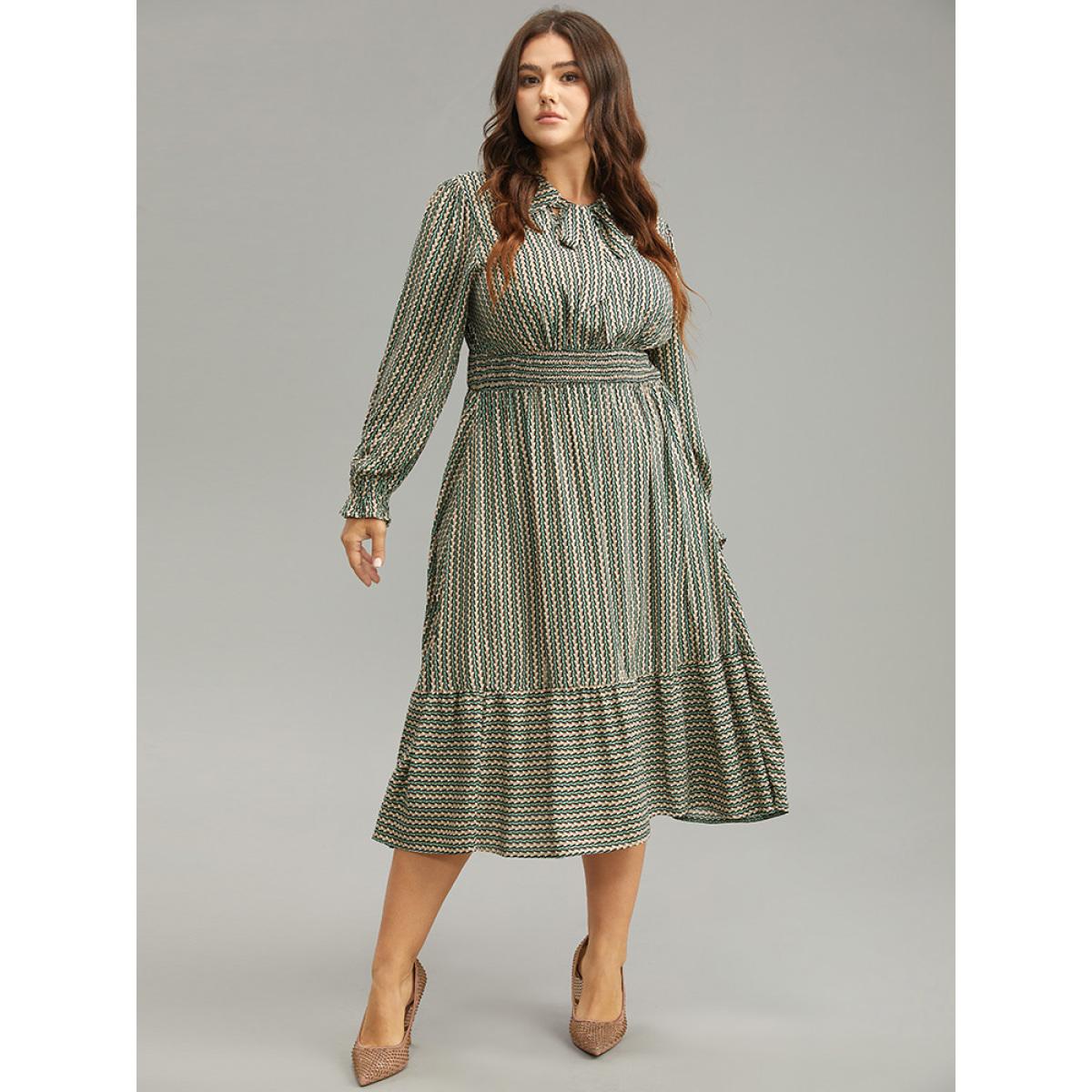 Plus Size Striped Geometric Bowknot Keyhole Shirred Dress Mint Women Work From Home Cross straps Shirt collar Long Sleeve Curvy Midi Dress BloomChic 26/4X Product Image