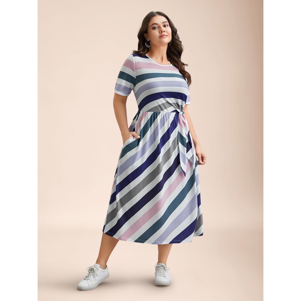 Plus Size Striped Waist-Tie Half Sleeve Midi Dress Multicolor Women Casual Tie knot Knit Dresses Bloomchic 30/6X Product Image
