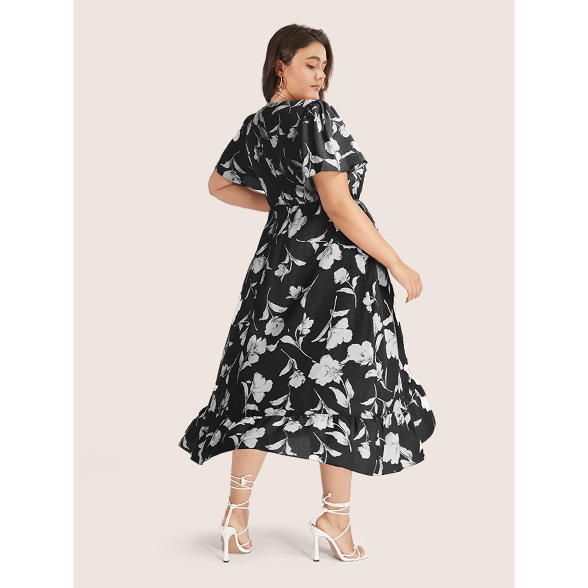 Plus Size Floral Ruffle Knot Side Wrap Dress BlackFlower Women Elegant Ruffles V-neck Short sleeve Curvy Midi Dress BloomChic 20/2X Product Image