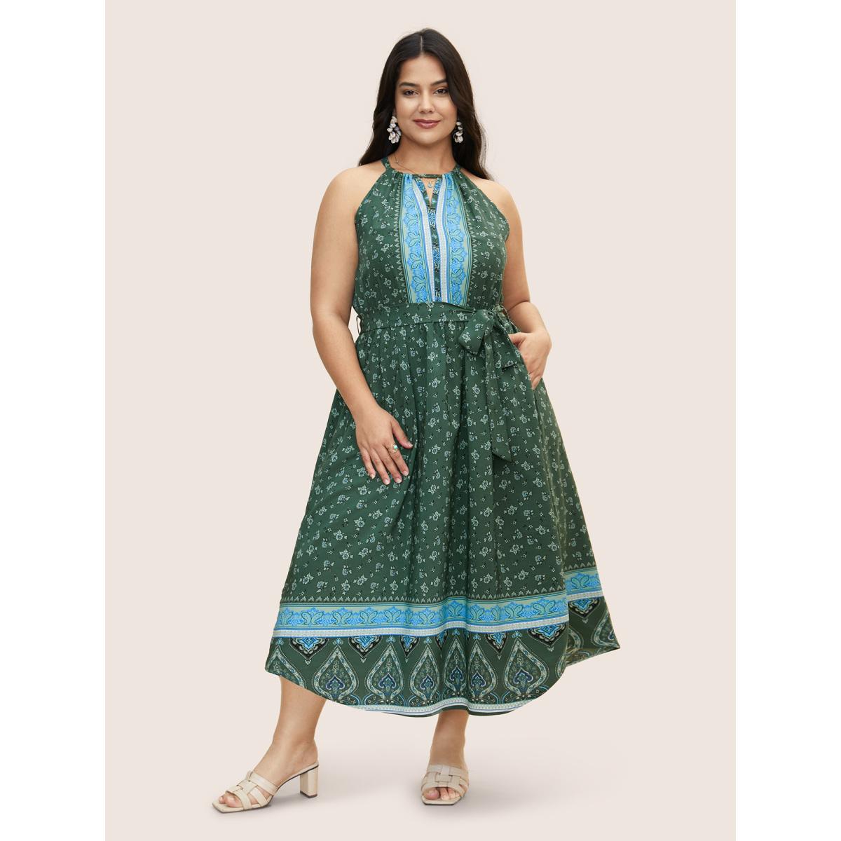 Plus Size Bandana Print Halter Neck Tie Knot Dress Moss Women Resort Gathered Halter neck Sleeveless Curvy BloomChic 22-24/3X Product Image
