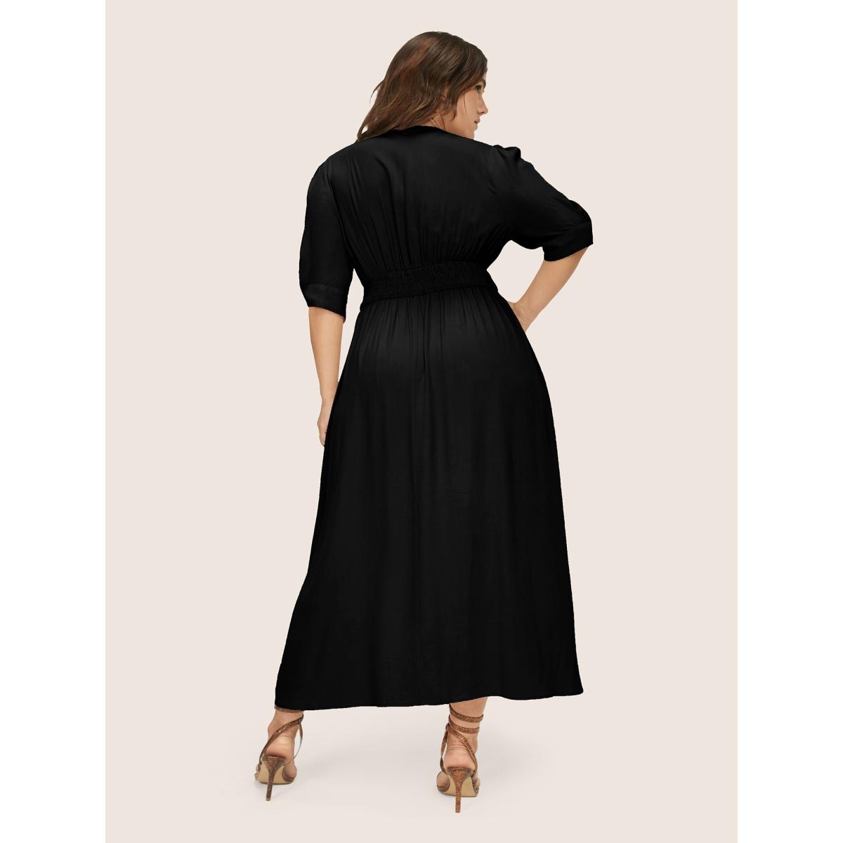 Plus Size Plunging Neck Button Detail Pocket Maxi Dress Black Women Resort Gathered V-neck Short sleeve Curvy Long Dress BloomChic 22-24/3X Product Image