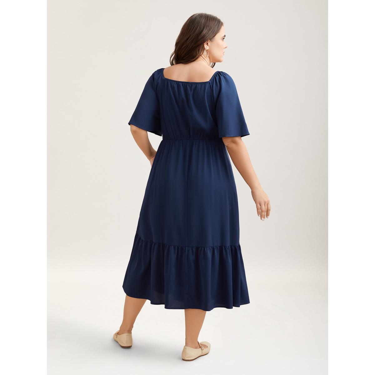 Plus Size Textured Stretchy Waist Milkmaid Style Midi Dress Indigo Women Leisure Woven ribbon&lace trim Heart neckline Short sleeve Curvy BloomChic 14-16/1X Product Image