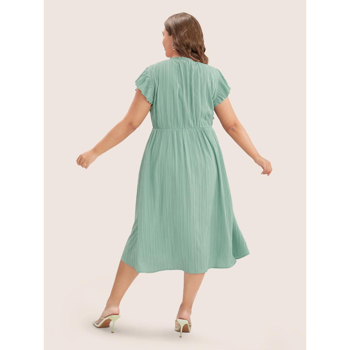 Plus Size Plain Cap Sleeve Ruffles Trim Mock Neck Pocket Dress Mint Women Elegant Pocket Round Neck Short sleeve Curvy Midi Dress BloomChic 18-20/2X Product Image